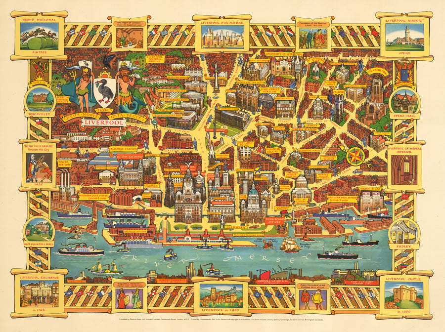 Antique Pictorial Map of Liverpool By: Kerry Ernest Lee, Date: 1952