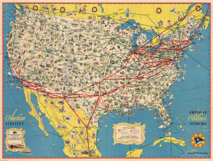 American Airlines System Map Route of the Flagships 1945