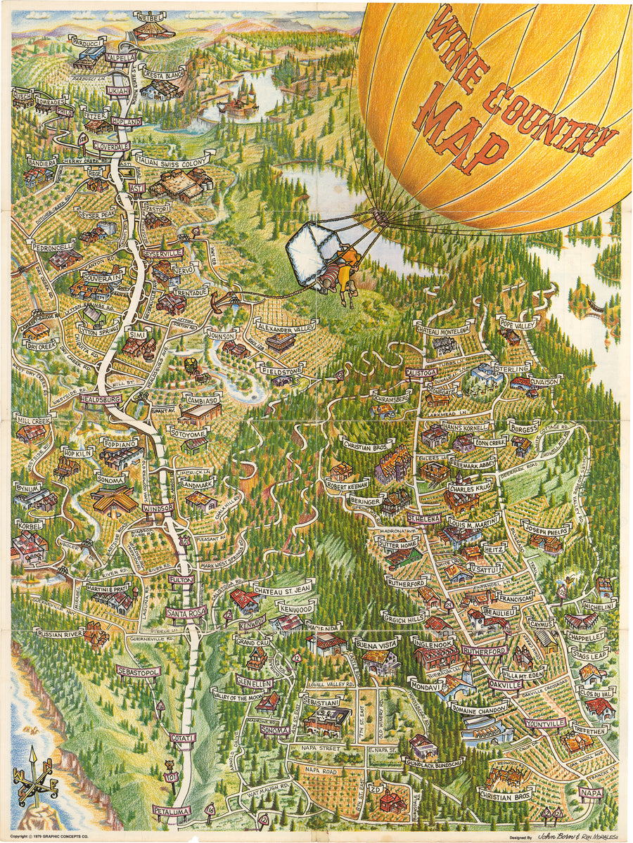 Vintage Pictorial Wine Country Map By: John Born & Ron Morales, Date: 1979