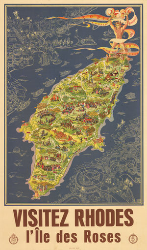 Antique Pictorial Map of Rhodes : Visitez Rhodes l’Ile des Roses By: Egon Huber, Date: 1935