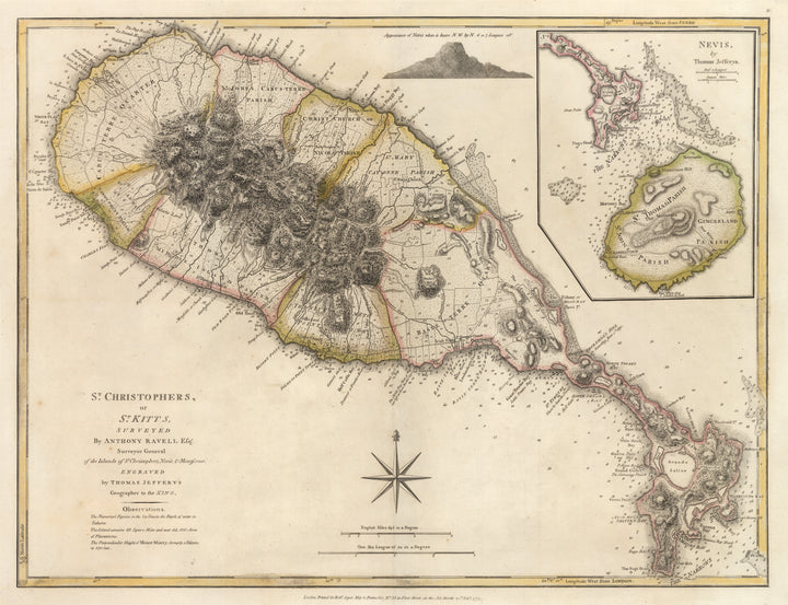 Antique Map : St. Christopher’s, or St. Kitts, Surveyed by Anthony Ravell Esqr. Surveyor General of the Islands of St. Christophers, Venis, & Montserrat. By: Thomas Jefferys, Date: 1775