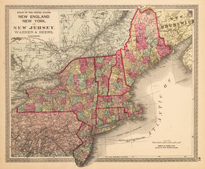 Antique Map New England, New York, and New Jersey. Warner and Beers 1872