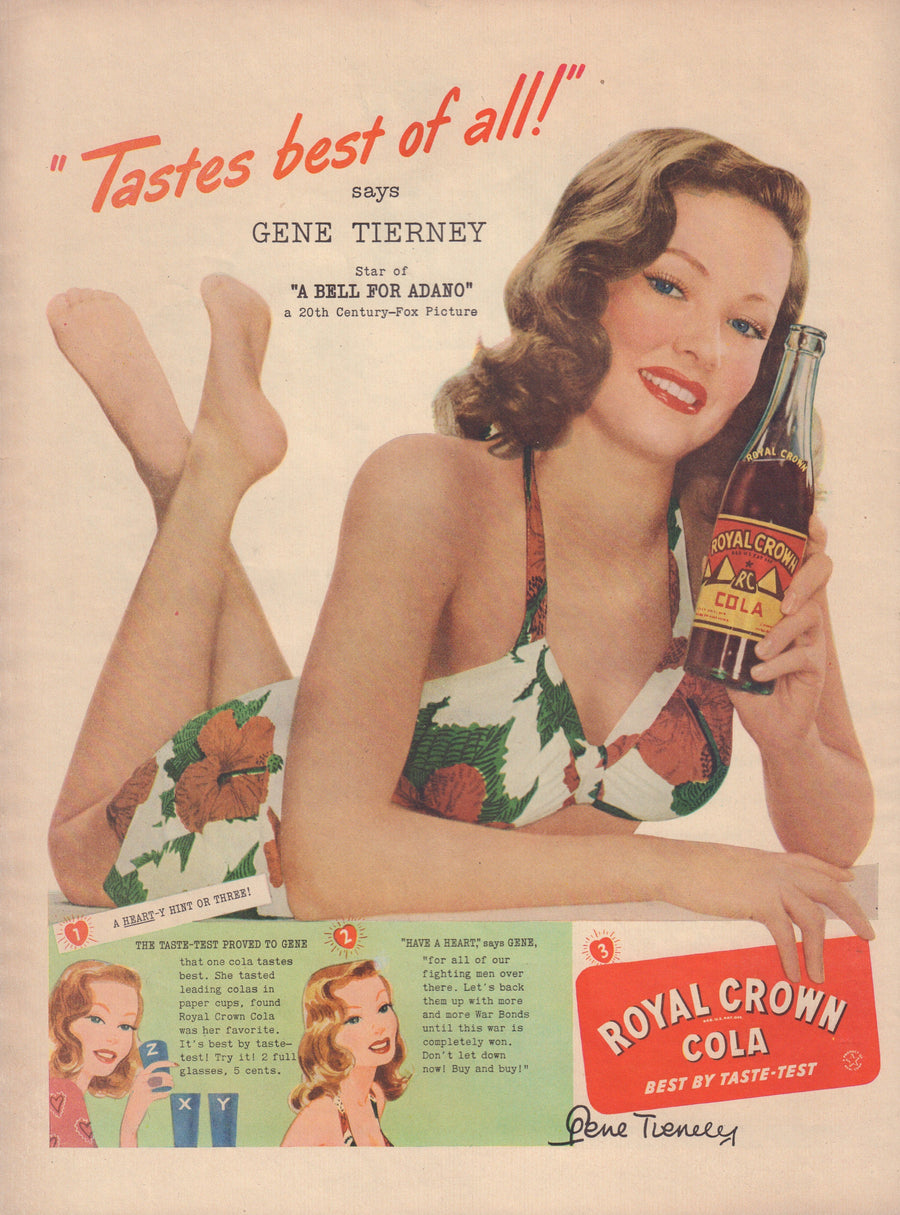 1940s Advertisement: Royal Crown Cola featuring famed acctress, Gene Tierney
